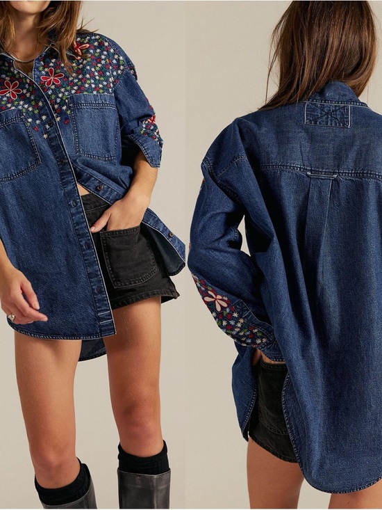 We The Free Tops - NWT- We The Free Rainbow Embroidered Denim Shirt